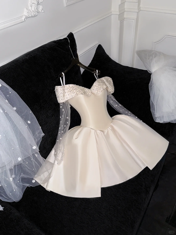 Cute A Line Off the Shoulder Beaded Ivory Satin Tulle Short Homecoming Dress Birthday Dress HZ1023